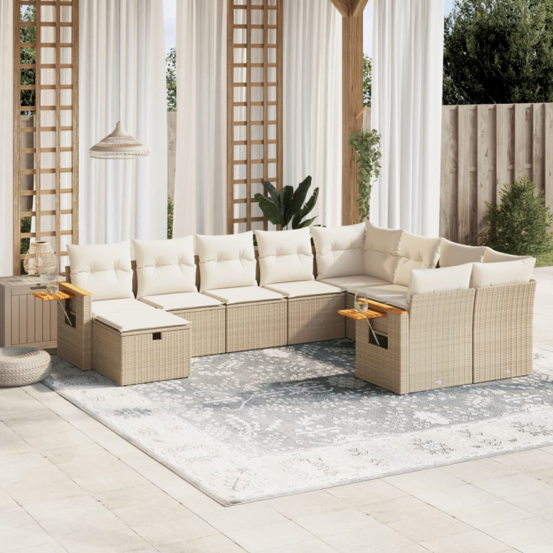 10-tlg. Garten-Sofagarnitur mit Kissen Beige Poly Rattan