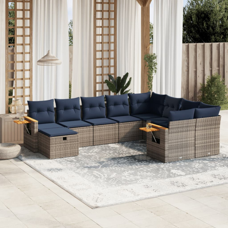 10-tlg. Garten-Sofagarnitur mit Kissen Grau Poly Rattan