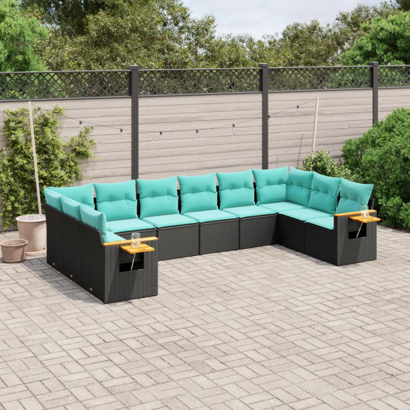 10-tlg. Garten-Sofagarnitur mit Kissen Schwarz Poly Rattan