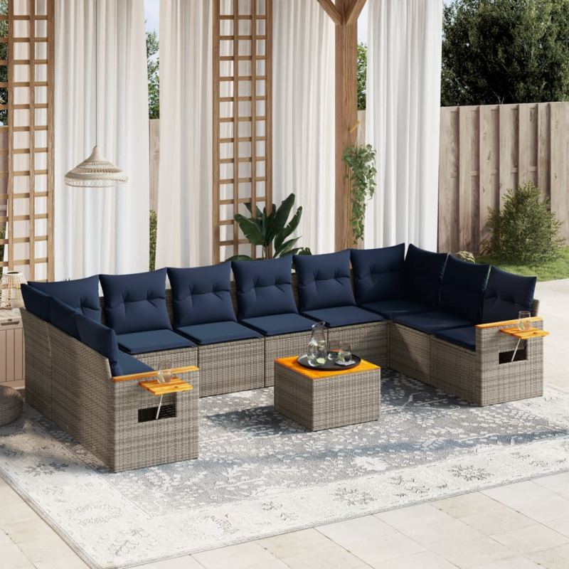 11-tlg. Garten-Sofagarnitur mit Kissen Grau Poly Rattan