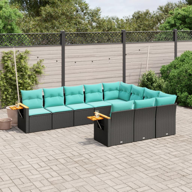10-tlg. Garten-Sofagarnitur mit Kissen Schwarz Poly Rattan