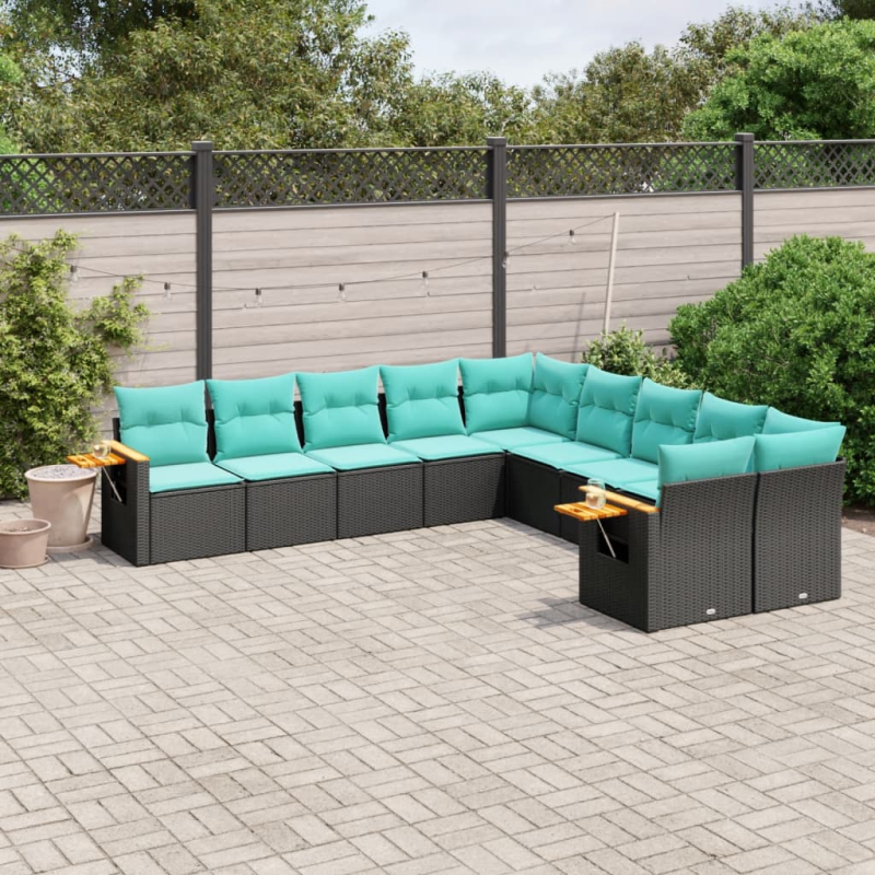 10-tlg. Garten-Sofagarnitur mit Kissen Schwarz Poly Rattan