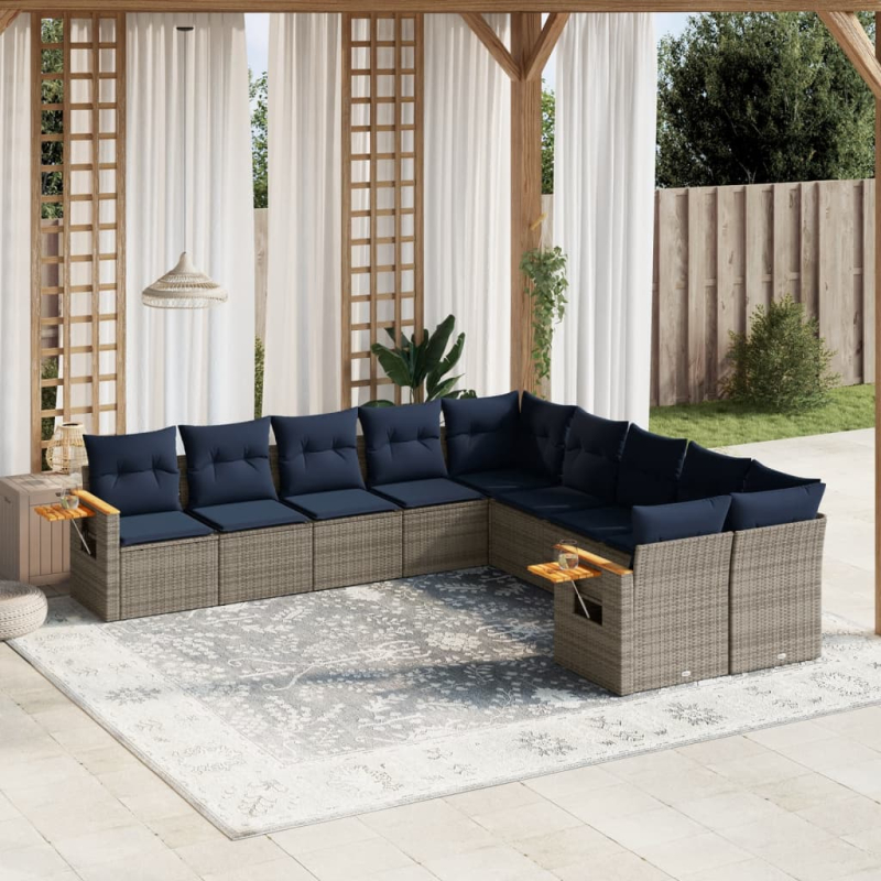 10-tlg. Garten-Sofagarnitur mit Kissen Grau Poly Rattan