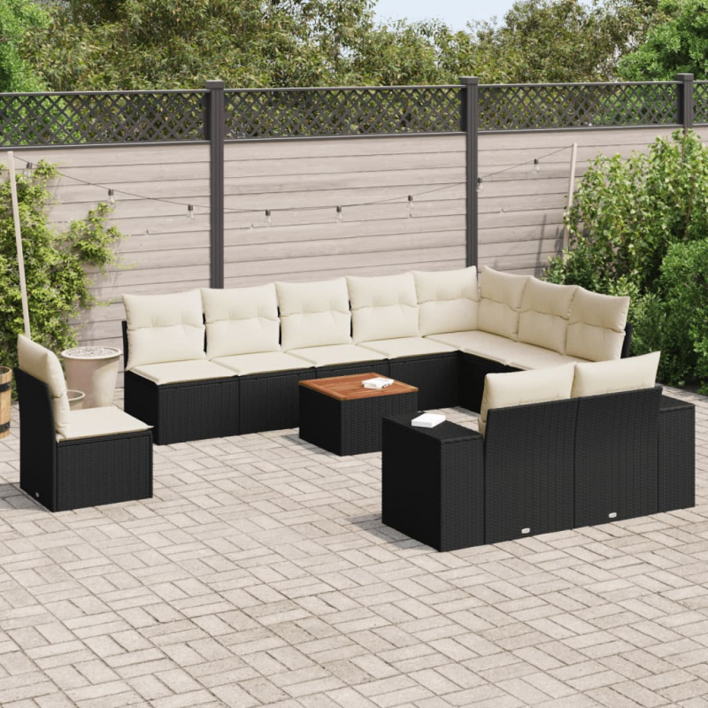 11-tlg. Garten-Sofagarnitur mit Kissen Schwarz Poly Rattan
