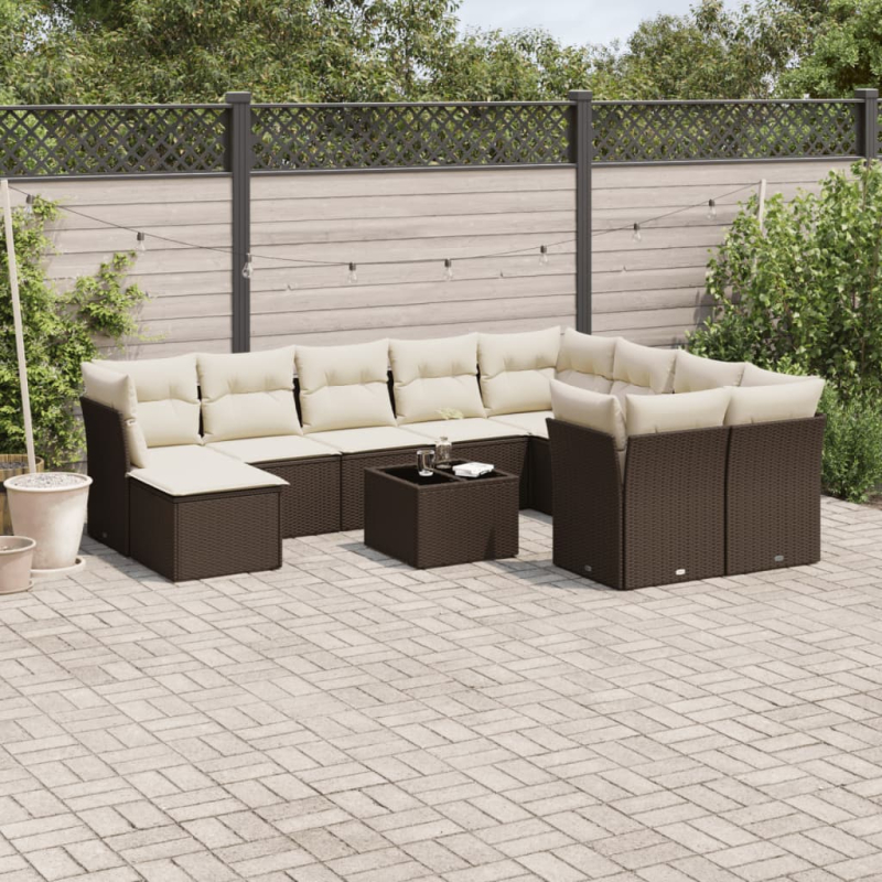 11-tlg. Garten-Sofagarnitur mit Kissen Braun Poly Rattan