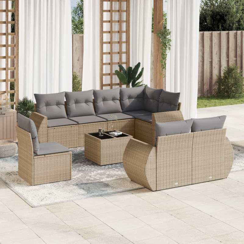 9-tlg. Garten-Sofagarnitur mit Kissen Beige Poly Rattan