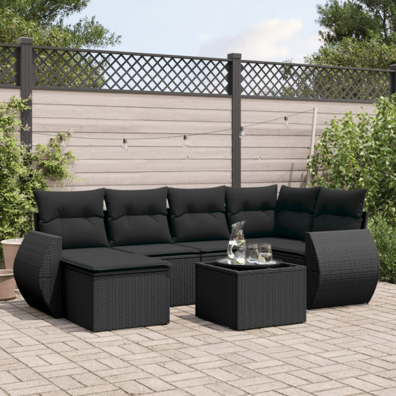 7-tlg. Garten-Sofagarnitur mit Kissen Schwarz Poly Rattan