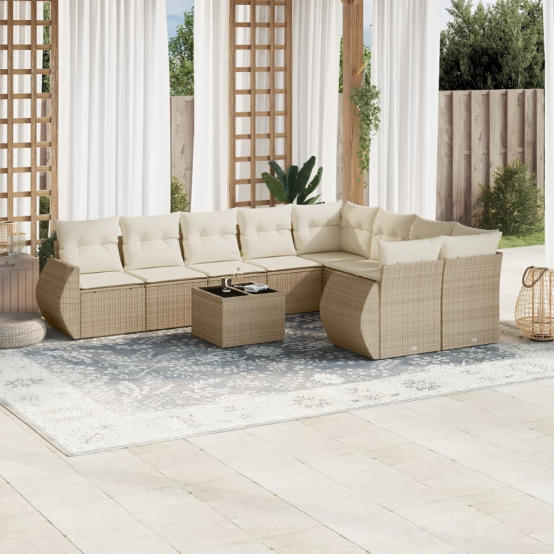 10-tlg. Garten-Sofagarnitur mit Kissen Beige Poly Rattan