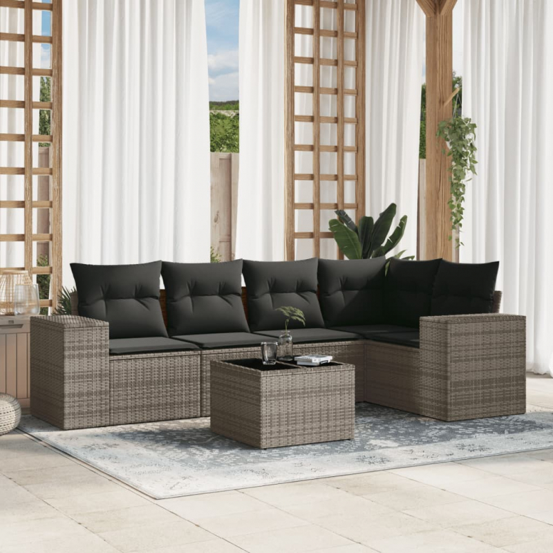 6-tlg. Garten-Sofagarnitur mit Kissen Grau Poly Rattan