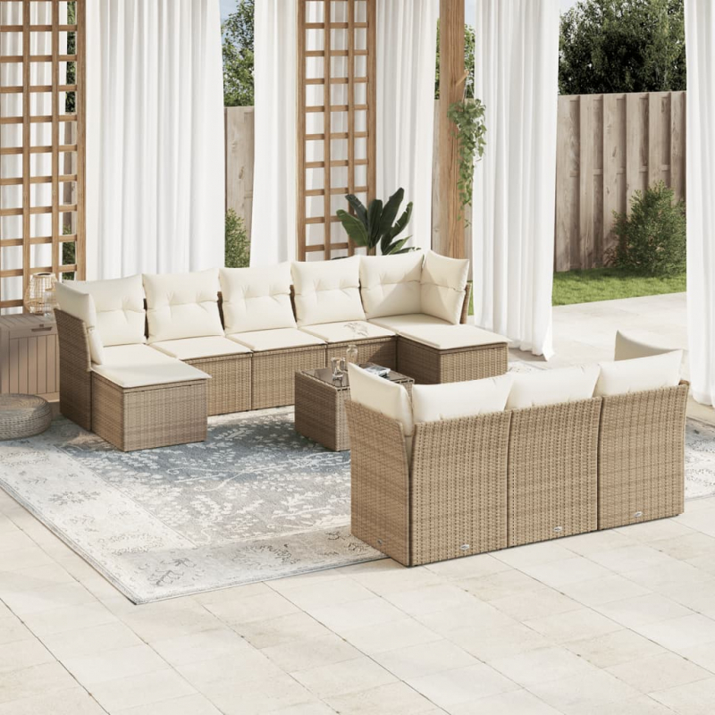 10-tlg. Garten-Sofagarnitur mit Kissen Beige Poly Rattan