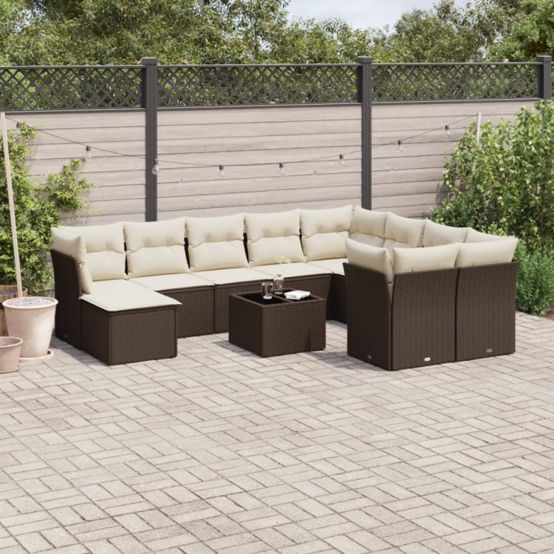 11-tlg. Garten-Sofagarnitur mit Kissen Braun Poly Rattan