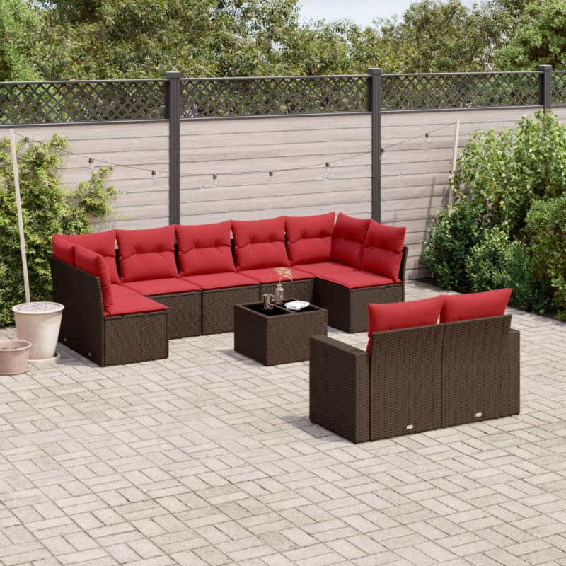 10-tlg. Garten-Sofagarnitur mit Kissen Braun Poly Rattan