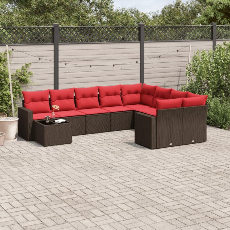 10-tlg. Garten-Sofagarnitur mit Kissen Braun Poly Rattan