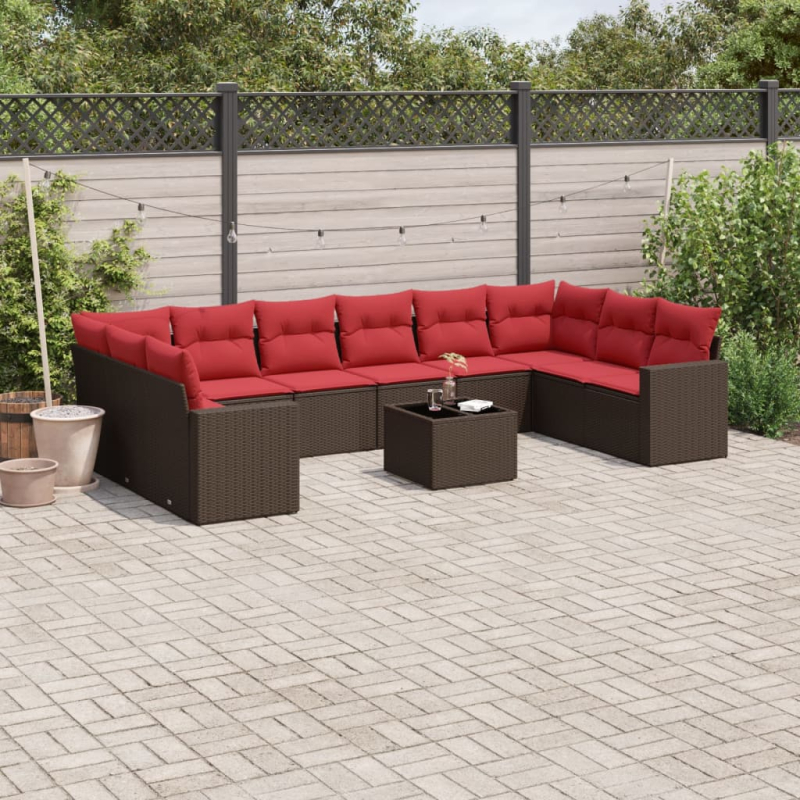11-tlg. Garten-Sofagarnitur mit Kissen Braun Poly Rattan