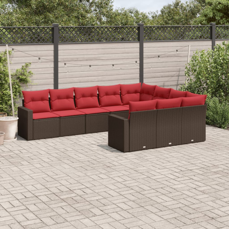 10-tlg. Garten-Sofagarnitur mit Kissen Braun Poly Rattan