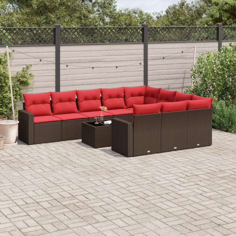 11-tlg. Garten-Sofagarnitur mit Kissen Braun Poly Rattan