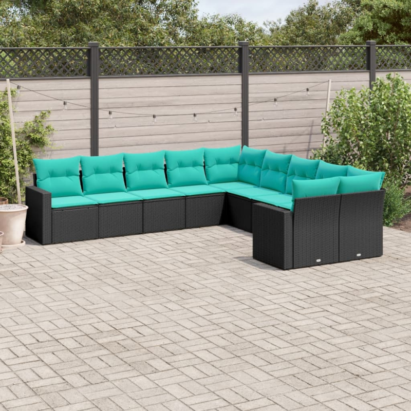 10-tlg. Garten-Sofagarnitur mit Kissen Schwarz Poly Rattan