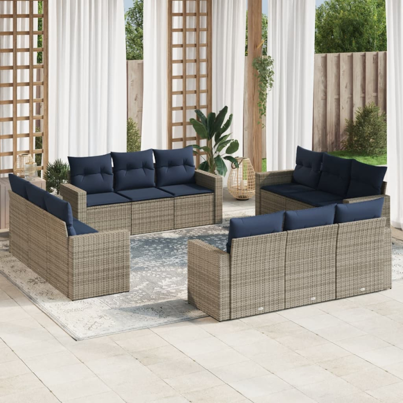 12-tlg. Garten-Sofagarnitur mit Kissen Grau Poly Rattan