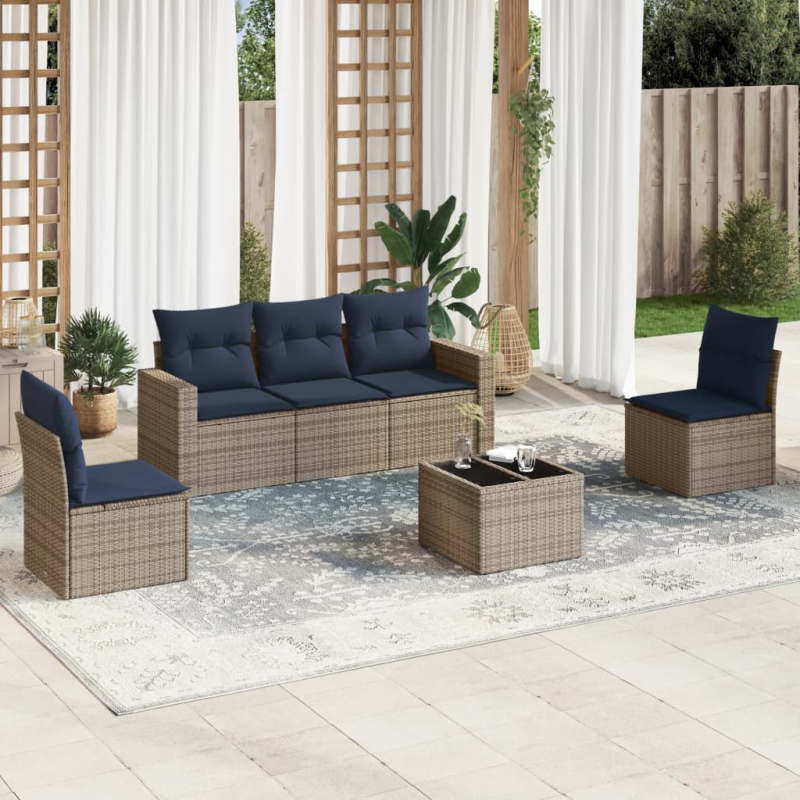 6-tlg. Garten-Sofagarnitur mit Kissen Grau Poly Rattan