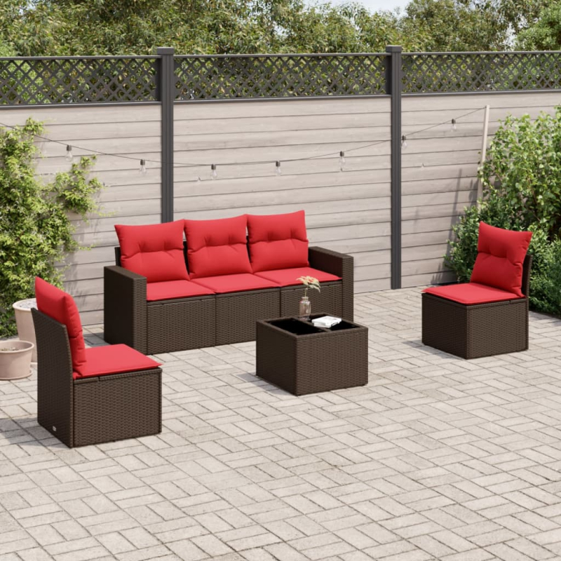 6-tlg. Garten-Sofagarnitur mit Kissen Braun Poly Rattan