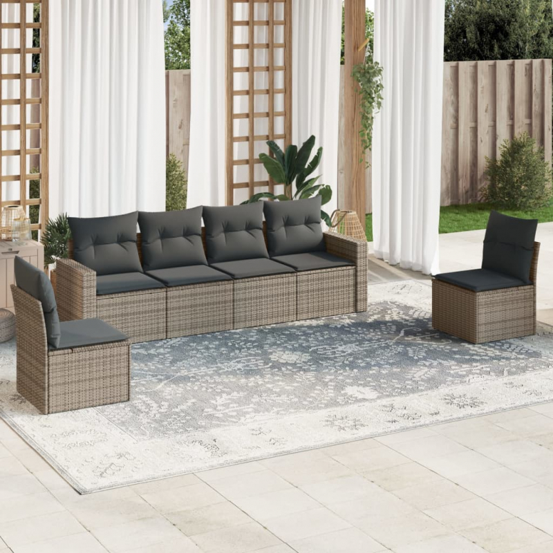 6-tlg. Garten-Sofagarnitur mit Kissen Grau Poly Rattan
