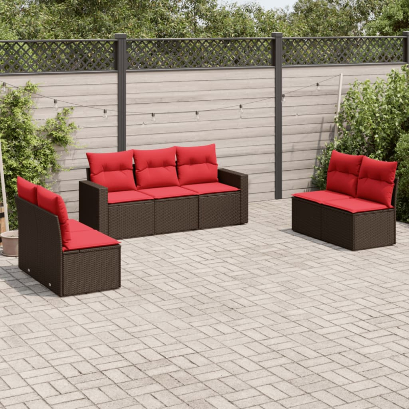 7-tlg. Garten-Sofagarnitur mit Kissen Braun Poly Rattan