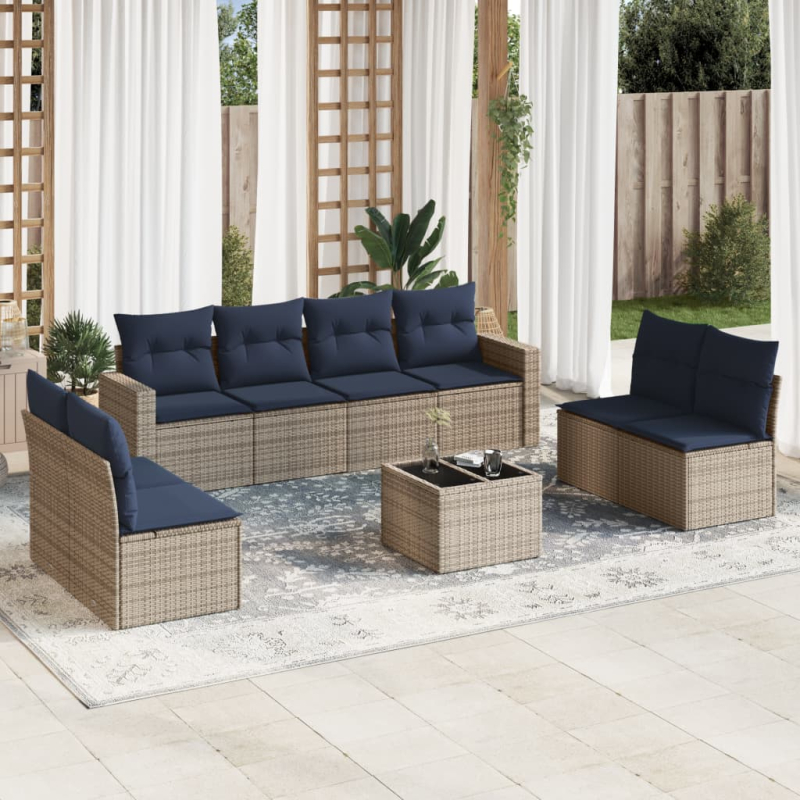 9-tlg. Garten-Sofagarnitur mit Kissen Grau Poly Rattan