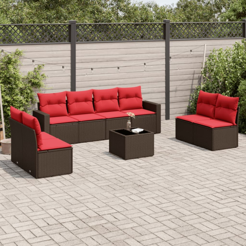 9-tlg. Garten-Sofagarnitur mit Kissen Braun Poly Rattan