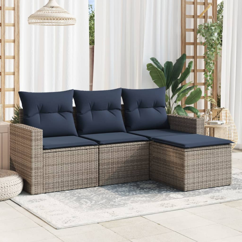 4-tlg. Garten-Sofagarnitur mit Kissen Grau Poly Rattan