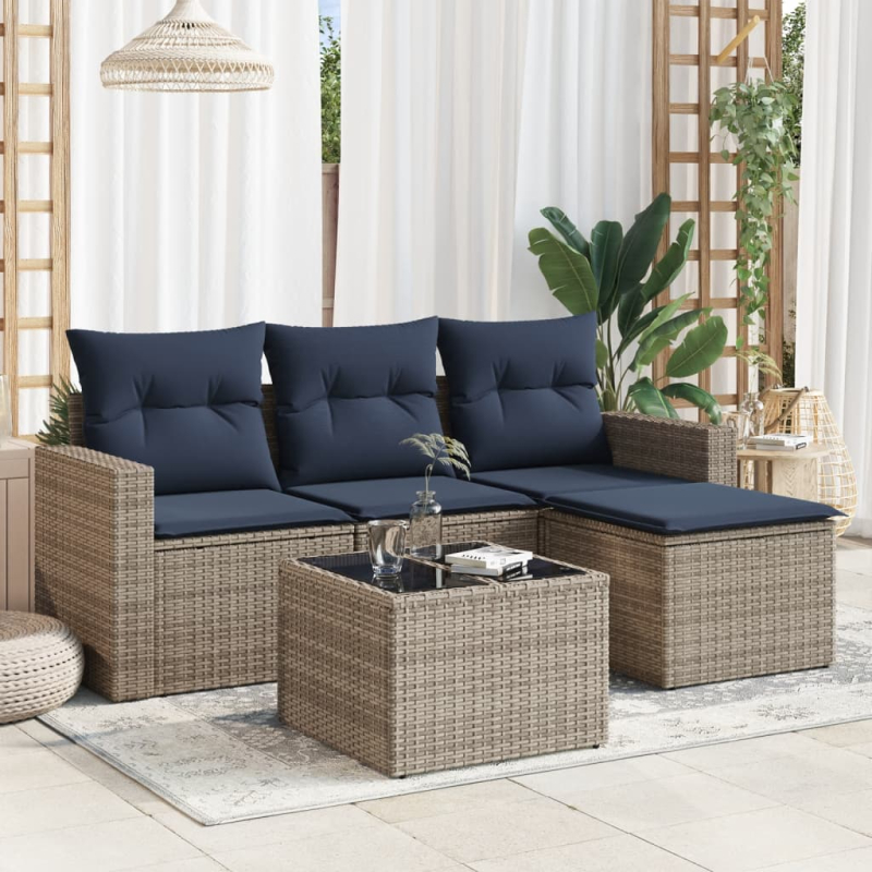 5-tlg. Garten-Sofagarnitur mit Kissen Grau Poly Rattan