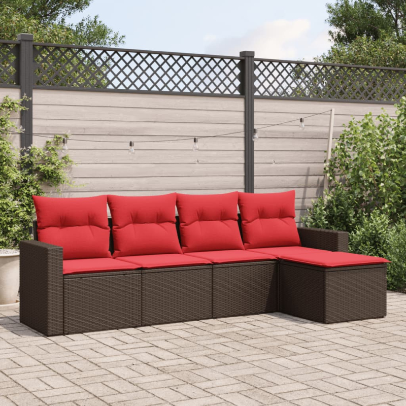 5-tlg. Garten-Sofagarnitur mit Kissen Braun Poly Rattan