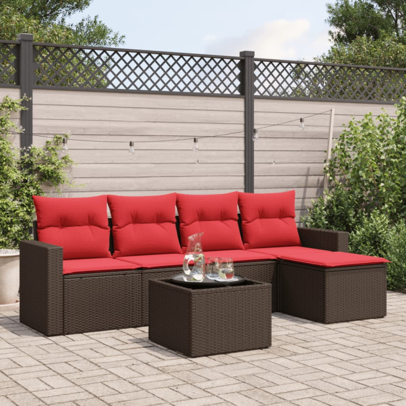 6-tlg. Garten-Sofagarnitur mit Kissen Braun Poly Rattan