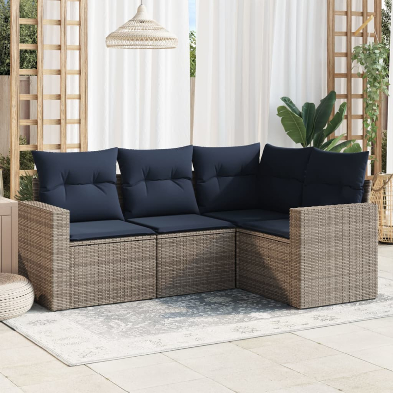 4-tlg. Garten-Sofagarnitur mit Kissen Grau Poly Rattan