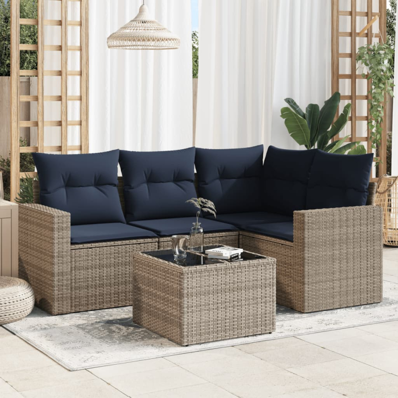 5-tlg. Garten-Sofagarnitur mit Kissen Grau Poly Rattan