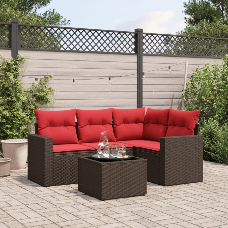 5-tlg. Garten-Sofagarnitur mit Kissen Braun Poly Rattan