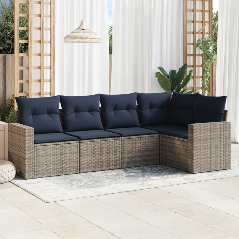 5-tlg. Garten-Sofagarnitur mit Kissen Grau Poly Rattan