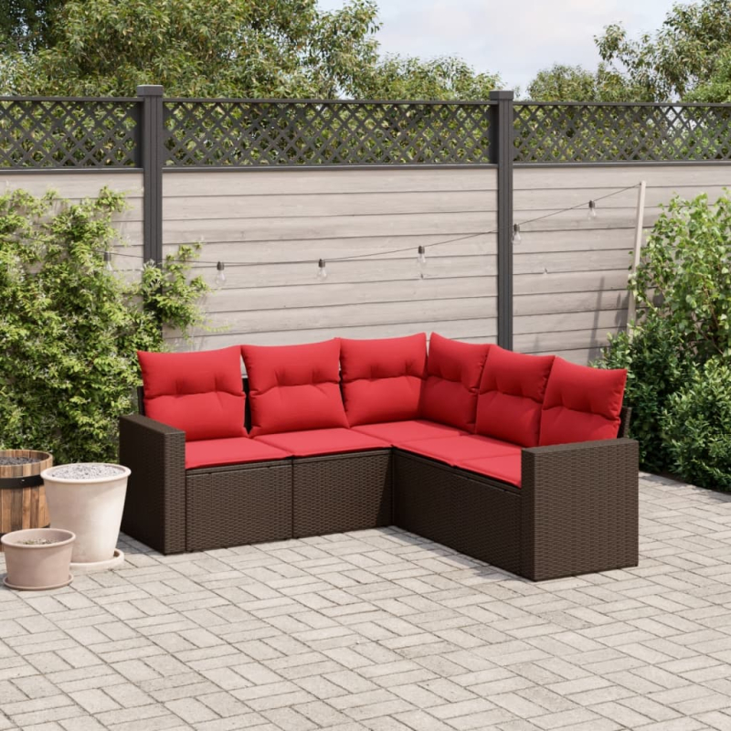 5-tlg. Garten-Sofagarnitur mit Kissen Braun Poly Rattan
