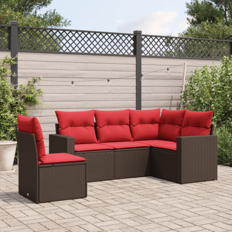 5-tlg. Garten-Sofagarnitur mit Kissen Braun Poly Rattan