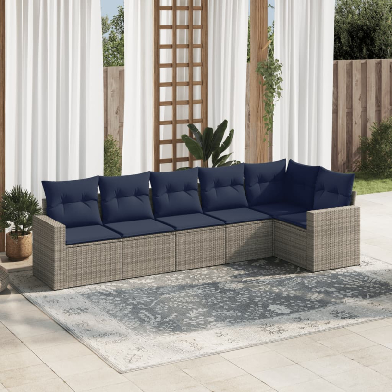 6-tlg. Garten-Sofagarnitur mit Kissen Grau Poly Rattan