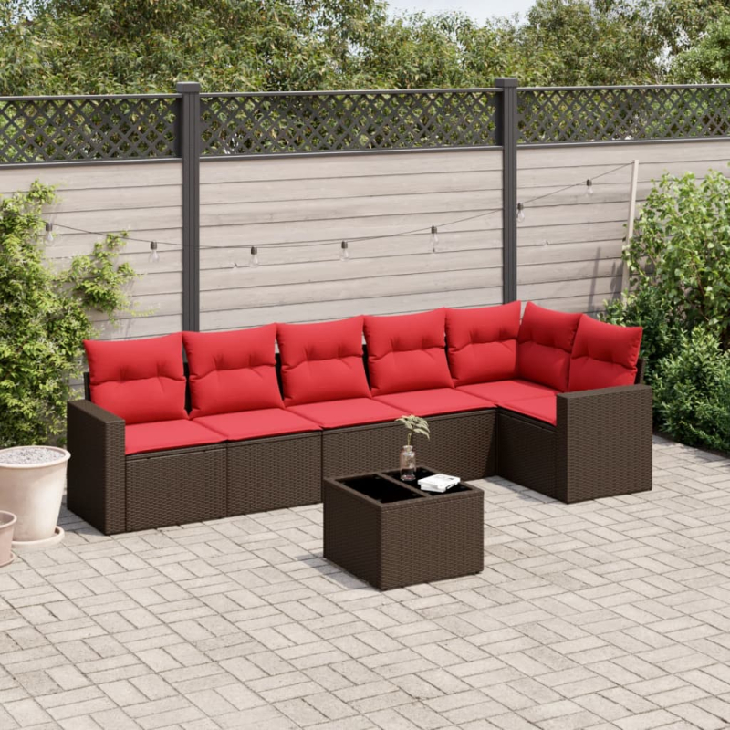 7-tlg. Garten-Sofagarnitur mit Kissen Braun Poly Rattan