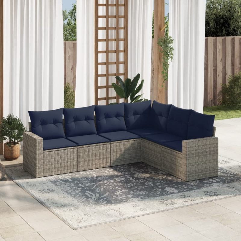 6-tlg. Garten-Sofagarnitur mit Kissen Grau Poly Rattan
