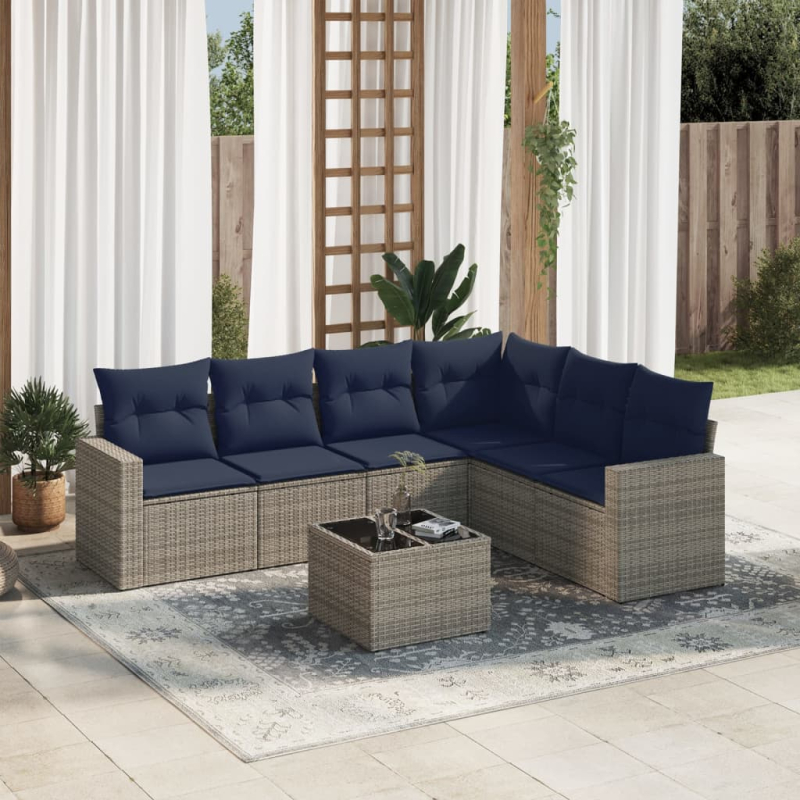 7-tlg. Garten-Sofagarnitur mit Kissen Grau Poly Rattan