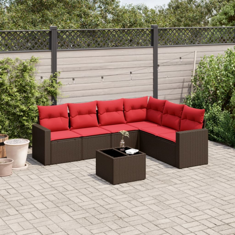 7-tlg. Garten-Sofagarnitur mit Kissen Braun Poly Rattan