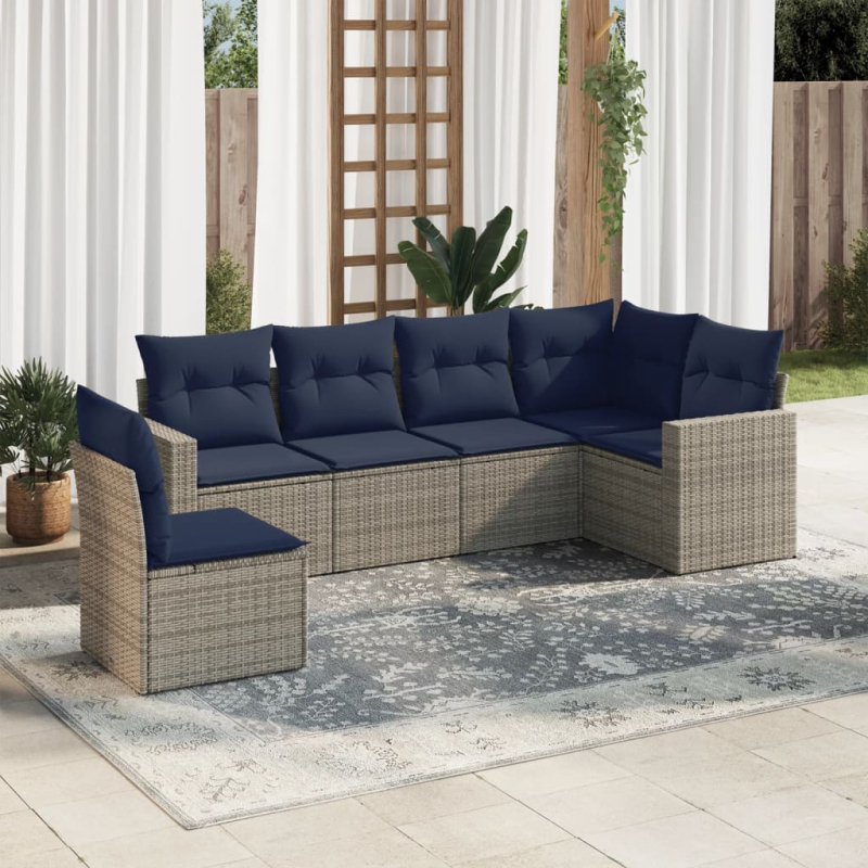 6-tlg. Garten-Sofagarnitur mit Kissen Grau Poly Rattan