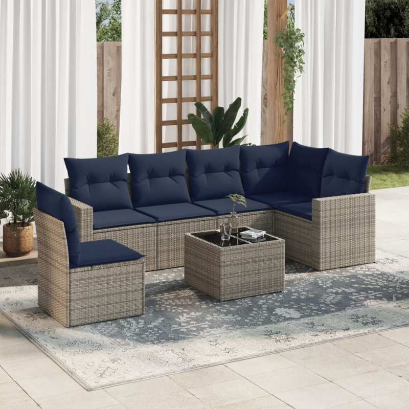 7-tlg. Garten-Sofagarnitur mit Kissen Grau Poly Rattan