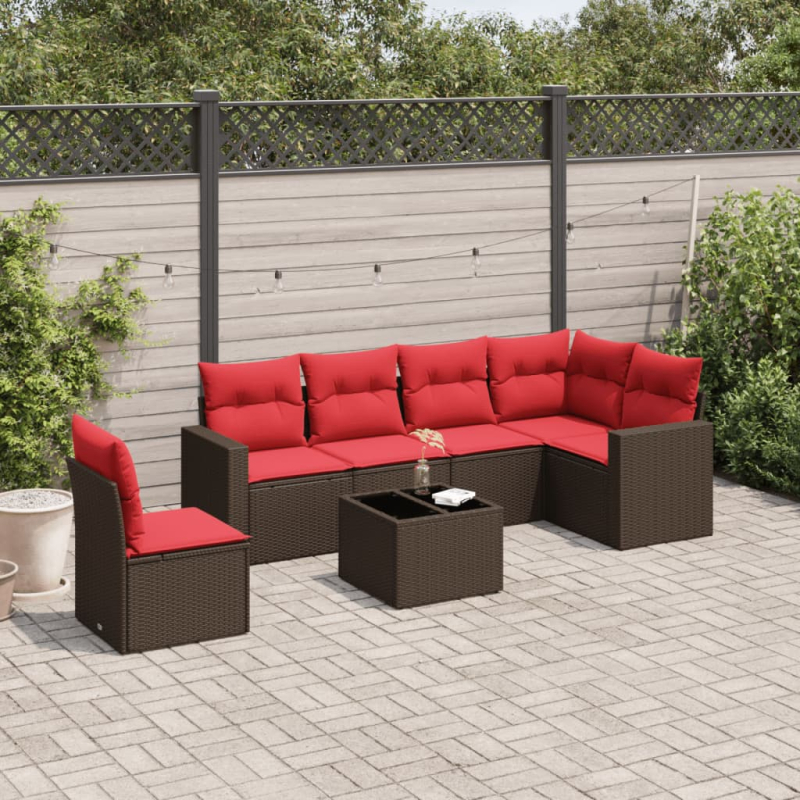 7-tlg. Garten-Sofagarnitur mit Kissen Braun Poly Rattan