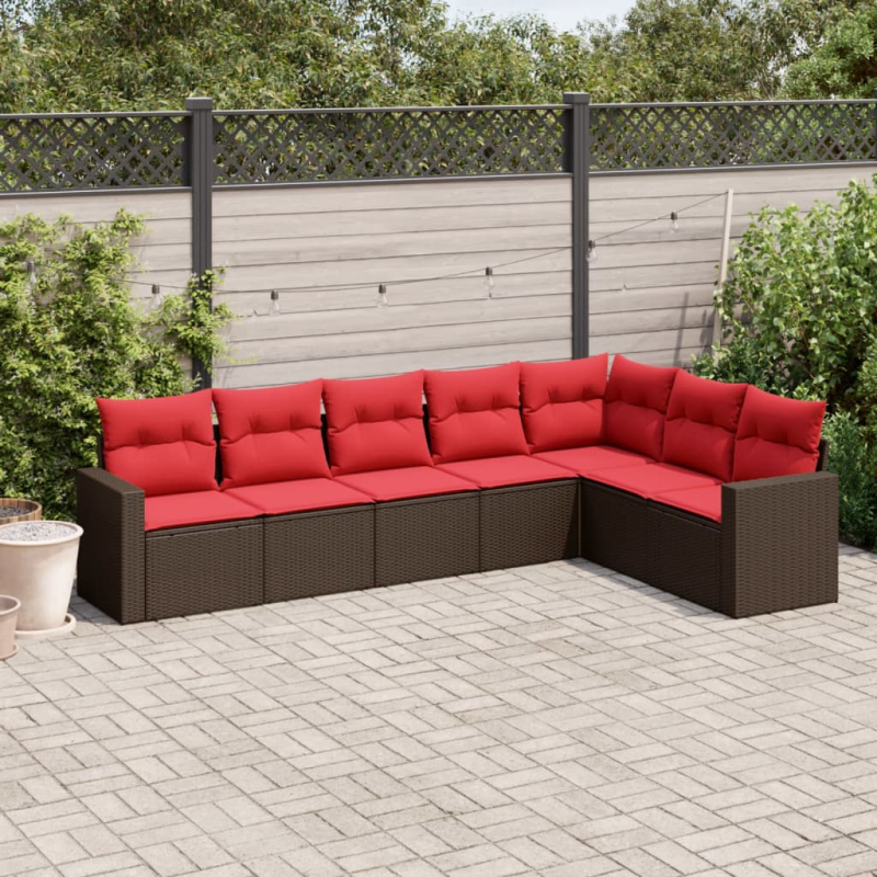 7-tlg. Garten-Sofagarnitur mit Kissen Braun Poly Rattan