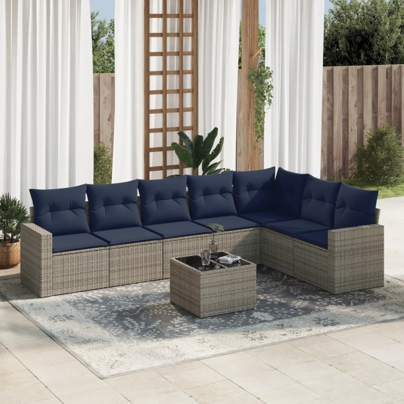 8-tlg. Garten-Sofagarnitur mit Kissen Grau Poly Rattan