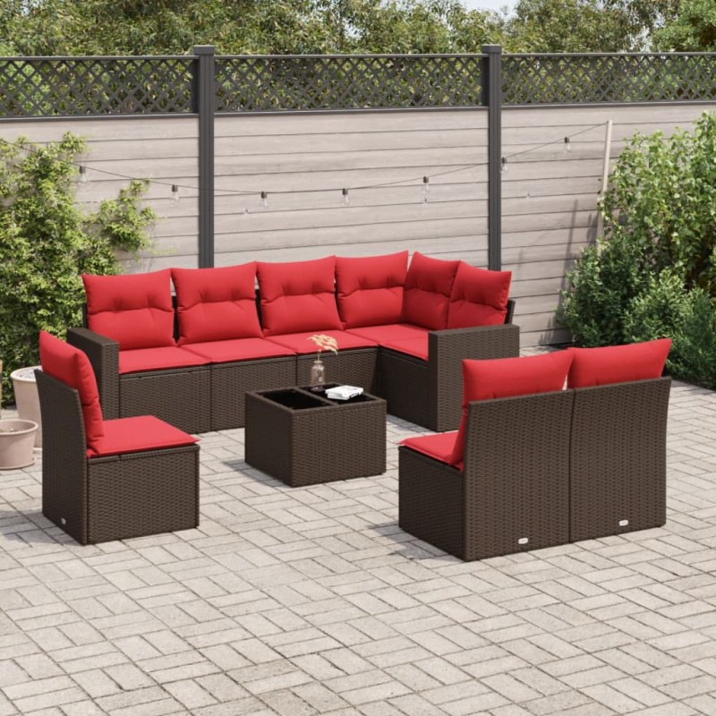 9-tlg. Garten-Sofagarnitur mit Kissen Braun Poly Rattan