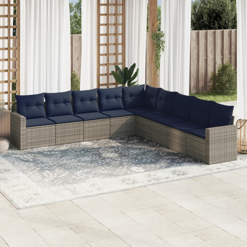 9-tlg. Garten-Sofagarnitur mit Kissen Grau Poly Rattan